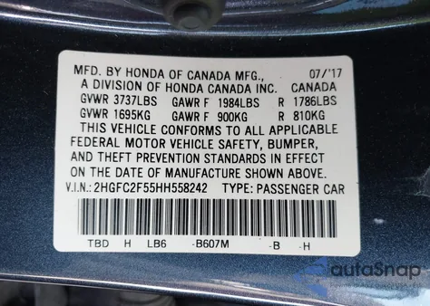 2017 Honda Civic Lx из США, поврежденный, VIN 2HGFC2F55HH558242